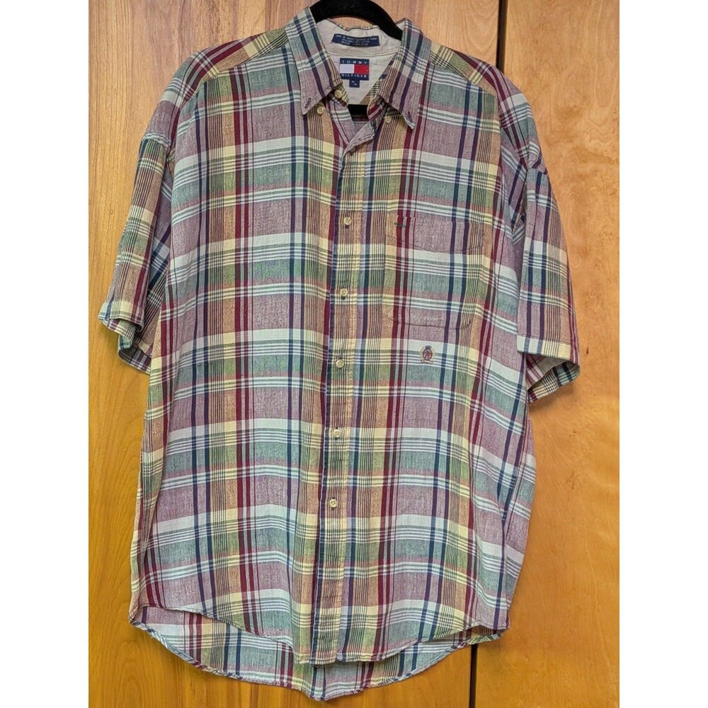 Vintage Tommy Hilfiger Shirt Mens M Plaid Linen Short Sleeve Button-Up